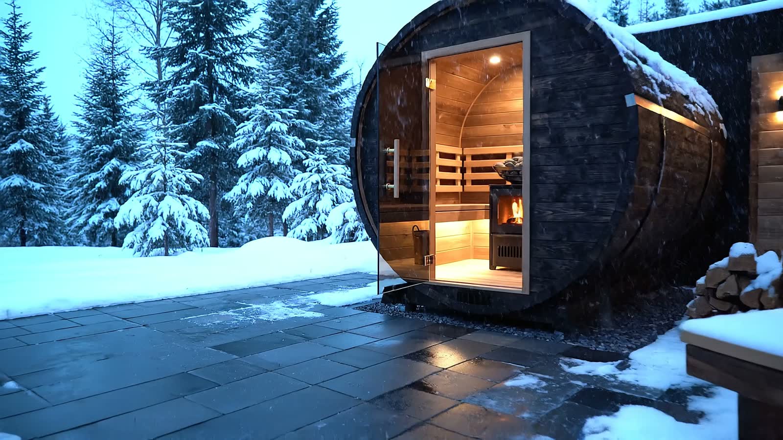A charred-timber barrel sauna on dark stone pavers in falling snow at dusk, its glass door ajar with warm light and a fire glowing inside.